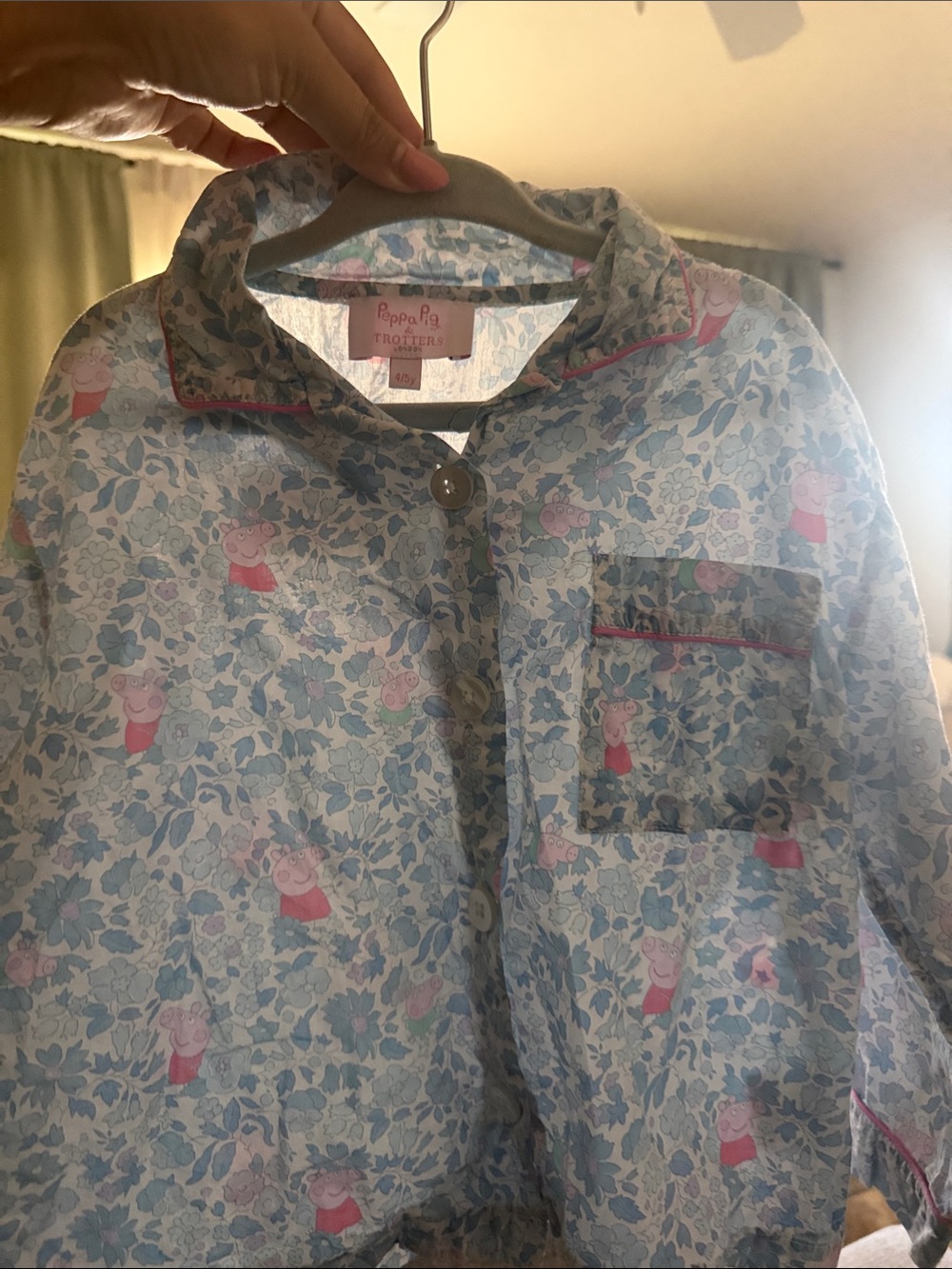 Trotters Light Blue Floral Peppa Pig Button-Front Shirt with Pink Trim